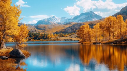 Fototapeta premium Scenic mountain landscape with vibrant autumn trees reflecting on the calm water of a lake under a bright blue sky.