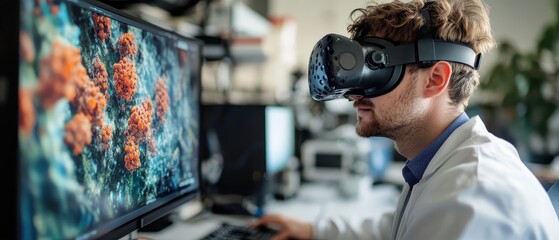 A scientist using virtual reality technology in a laboratory to explore intricate cellular structures on a computer screen.