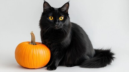 Long-haired black cat with pumpkin on a white background