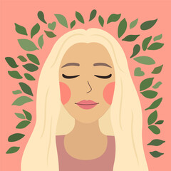 Mental health, Harmony, Self care. Flat vector illustration for World mental health day awareness. Happy woman feels healthy, calm, relax