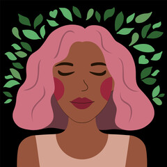 Self-care, Self-love, Mental health, Harmony. Flat vector illustration for World mental health day awareness. Happy woman face, lady feels healthy, calm, relax