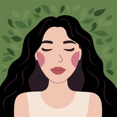 Mental health, Harmony, Self care. Flat vector illustration for World mental health day awareness. Happy woman feels healthy, calm, relax