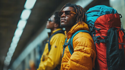 Candid photo of black couple backpackers waiting in subway station, showcasing their vibrant outdoor gear and adventurous spirit. scene captures their anticipation and excitement for journey ahead