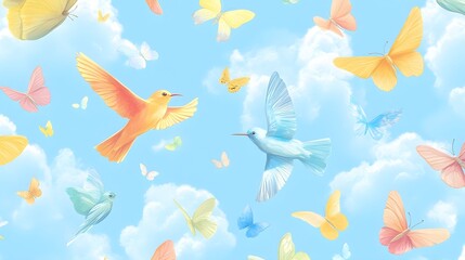 Obraz premium Colorful Butterflies and Birds Flying in a Blue Sky with Clouds