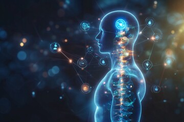 An abstract depiction of the body internal balance, featuring glowing orbs and homeopathic symbols
