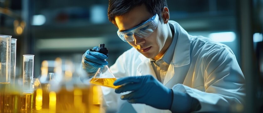 Scientist analyzing liquid in laboratory, wearing protective gear and conducting experiments with precision and focus.