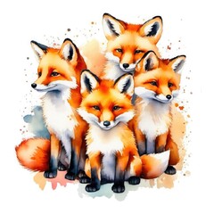 Obraz premium Four colorful foxes standing together on a splattered background showcasing their vibrant fur in bright orange and white hues