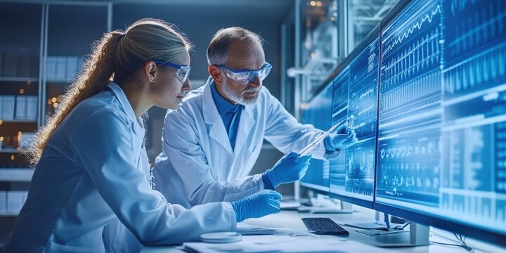 Scientists analyze data on a futuristic monitor, collaborating in a high-tech laboratory environment.