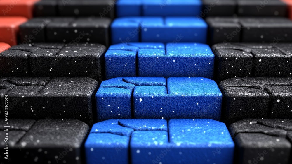 Poster abstract view of stacked colored blocks showcasing a vivid arrangement of black, blue, and red eleme