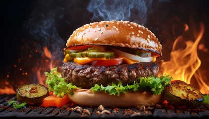 Grilled gourmet burger with cheese, tomato, and homemade sesame bun
