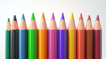 Spectrum of Creativity: A vibrant row of sharpened colored pencils stand ready to unleash artistic potential against a clean white backdrop.