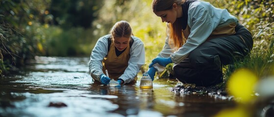 Two women conduct water sampling in a serene stream, highlighting environmental research and conservation efforts.