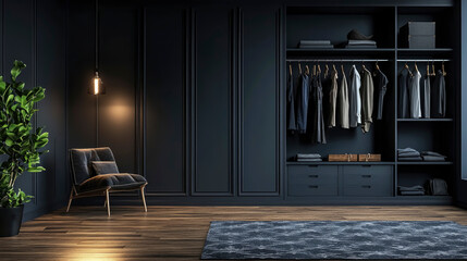 dressing room. A contemporary closet design features organized clothing and accessories highlighted by warm lighting, complemented by natural views through expansive windows.