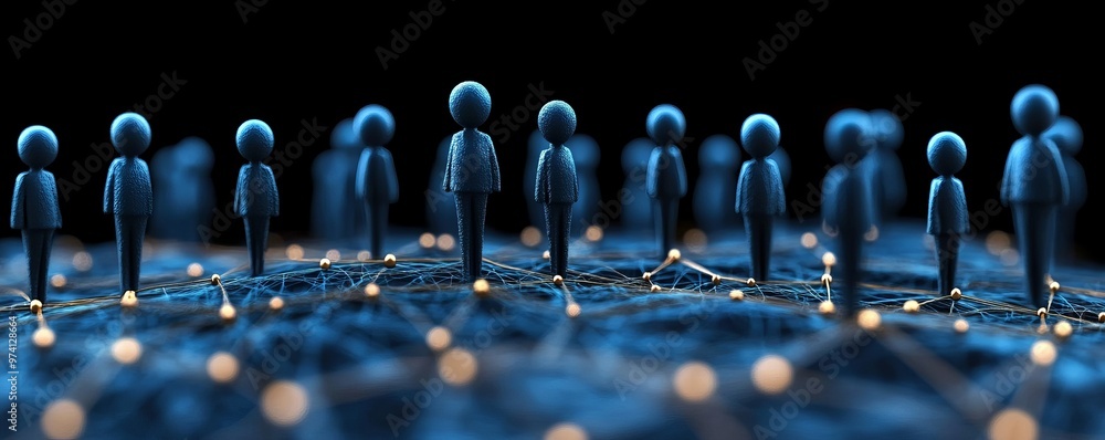 Poster digital connections represented by abstract people figures, showcasing networking and technology in 