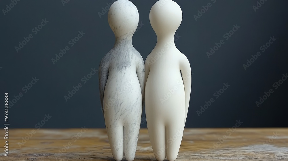 Poster two figurines standing together, symbolizing unity and diversity with contrasting colors and simple 