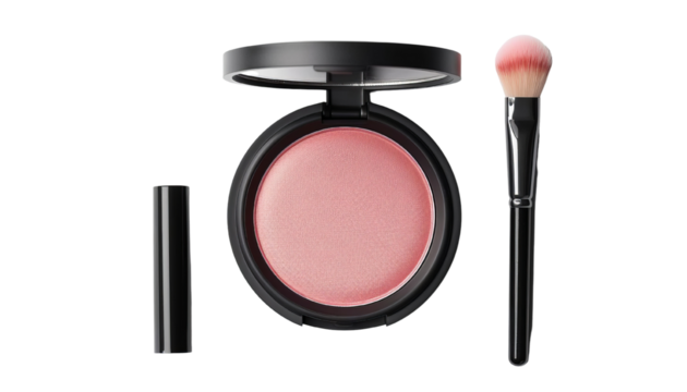A stylish cosmetics set featuring a blush compact and a brush for perfect makeup application.