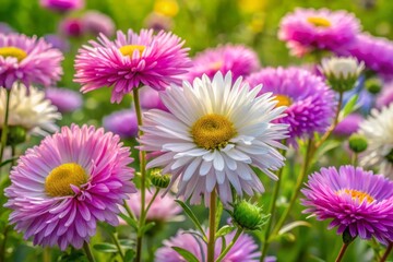Obraz premium Delicate, daisy-like aster flowers with soft, feathery petals in shades of pink, white, and lavender bloom amidst lush