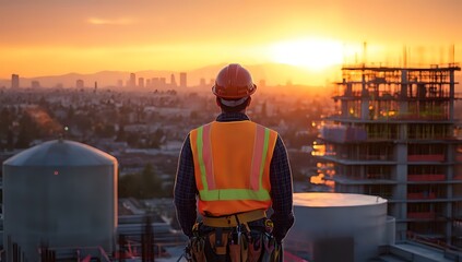 Obraz premium Construction worker in hardhat and safety vest overlooking a cityscape at sunset.