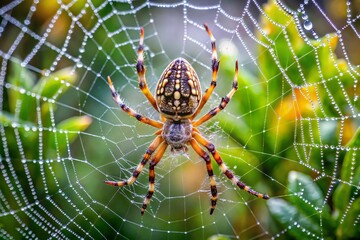 Obraz premium Delicate European garden spider, Araneus diadematus, perches on intricate web amidst vibrant green foliage, showcasing