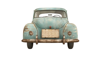 A vintage blue car with rust and wear, showcasing its classic design and nostalgic charm.