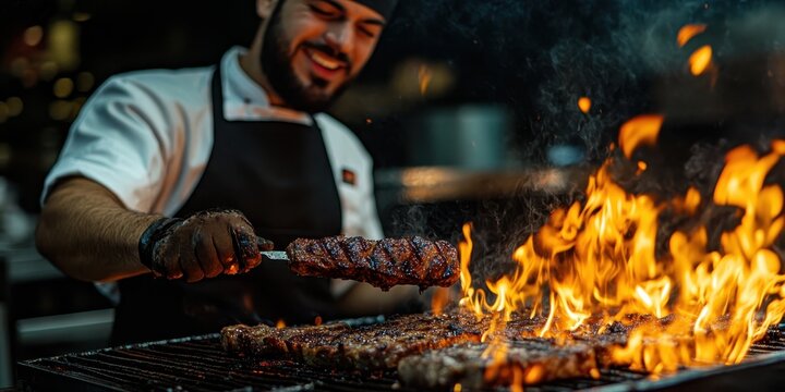 A chef grilling succulent meat over flames, showcasing culinary skills in a vibrant kitchen atmosphere.