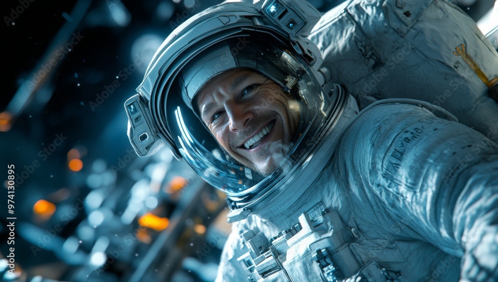 Poster close-up portrait of man astronaut smiling in his spacesuit, floating through the universe