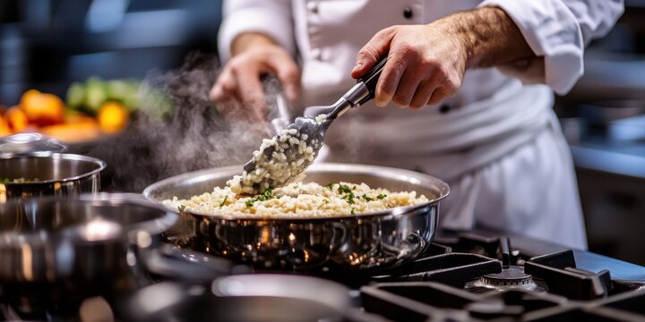 A chef preparing a delicious dish in a professional kitchen, showcasing culinary skills and the art of cooking.