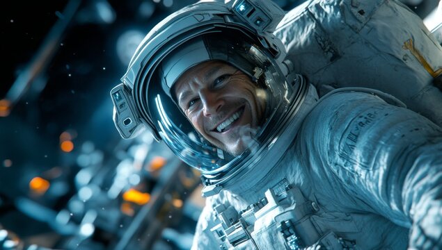 Close-up portrait of man astronaut smiling in his spacesuit, floating through the universe 
