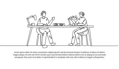 Continuous one line design of two young man podcast. Minimalist style vector illustration on white background.