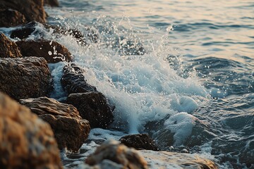 Obraz premium Waves crashing on rocks at the beach, creating a splash of water.