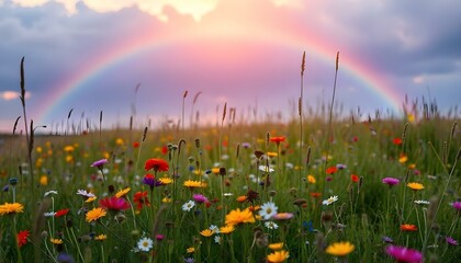 Obraz premium sunset flora style, meadow with rainbow and colour full flowers background