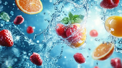 Vibrant Splash Background, a lively scene of dynamic water splashes and droplets suspended in motion, offering ample central space ideal for beverage promotions or advertisements