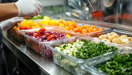 Obraz premium Freshly prepared ingredients in containers ready for meal preparation at a commercial kitchen. Vibrant colors and healthy choices.
