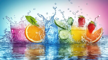 Refreshing water splash, droplets suspended mid-air, vibrant backdrop ideal for showcasing beverages or fresh food items, evokes a sense of coolness and vitality.