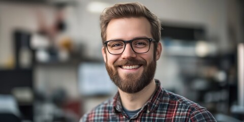 Obraz premium A smiling young man wearing glasses and a plaid shirt poses happily in a modern workspace. His friendly expression adds warmth to this professional environment. AI