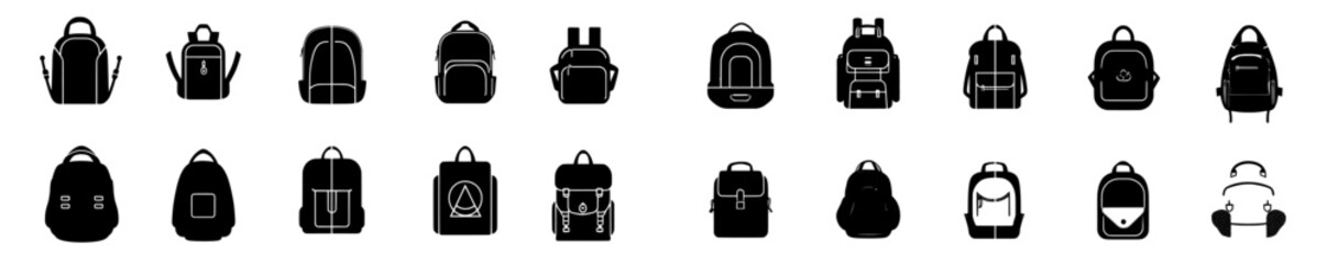 An icon set with backpacks and school bags. Suitable for logos, apps, templates, and user interfaces.