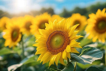 A field of sunflowers facing the sun
