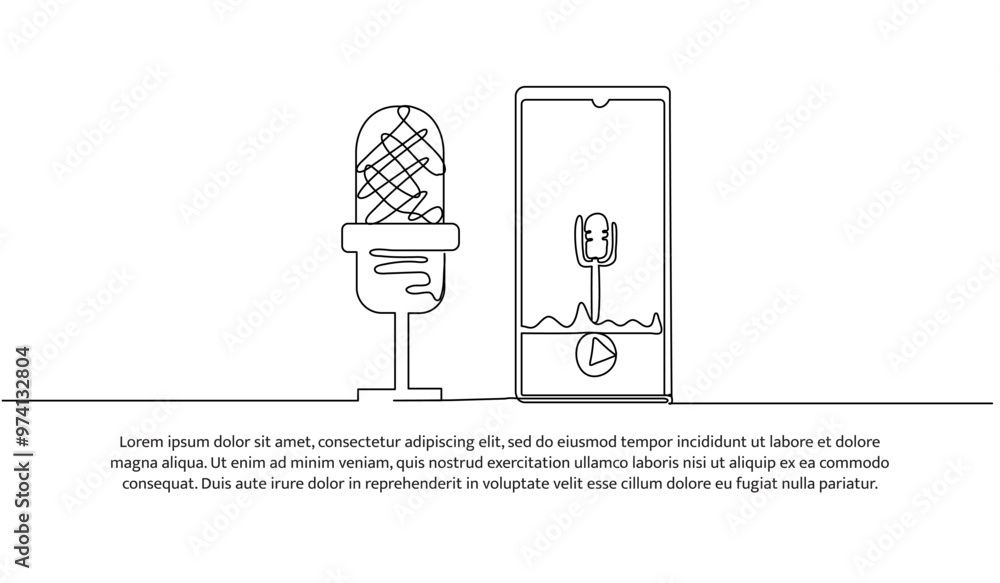 Poster continuous one line design of tool for podcast. minimalist style vector illustration on white backgr