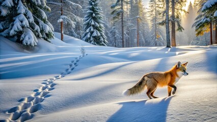 Delicate fox tracks weave through pristine snow-covered forest, leaving behind a serpentine trail of tiny paw prints,