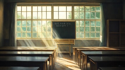 Fototapeta premium A tranquil classroom scene with sunlight streaming through windows, illuminating desks and a chalkboard, evoking a peaceful learning atmosphere.