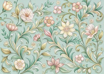 Delicate, hand-drawn floral illustrations in pastel hues, intricately detailed with swirling vines and ornate patterns,