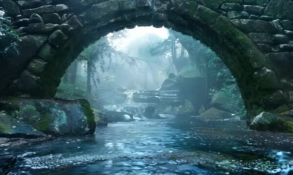 Stone bridge archway over a river with rocky shores, Video