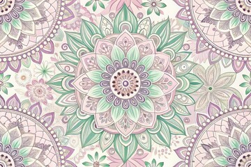 Delicate, hand-drawn floral patterns intertwine with intricate mandala designs in shades of pastel pink, lavender, and
