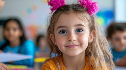 Fototapeta premium A cheerful girl with colorful accessories smiles in a classroom with peers in the background, showcasing joy and creativity.