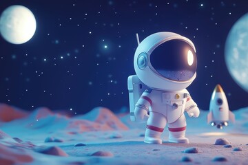 cartoon boy or girl on the surface of the moon with rockets and planets