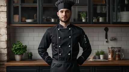  Chef in black uniform stands proudly in a modern kitchen, ready to prepare gourmet dishes, reflecting professionalism and culinary expertise.