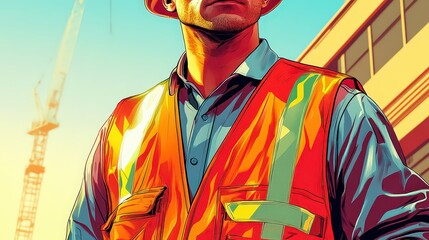Fototapeta premium Vibrant illustration of a construction worker wearing high-visibility gear, confidently standing in front of cranes and urban development.