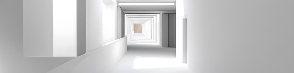 Fototapeta premium 3D Interior of White Hallway Simple and Pure with Hidden Doors, Aerial View.