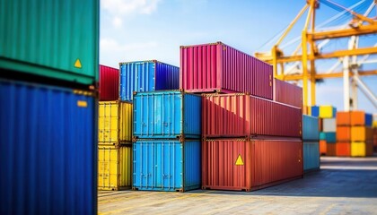Fototapeta premium Brightly colored shipping containers on a dock, efficient logistics process, international trade in action