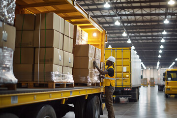 Workers loading boxes into truck. Supply chain, shipment goods shipping warehouse and logistics
